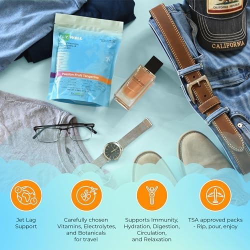 Travel Vitamin Tonic for Flight, Jet Lag, Hydration, Circulation, Digestion & Immune Support, Promotes Calmness, Electrolyte Powder, Travel Essentials, Passion Fruit Tangerine, 15 Sticks