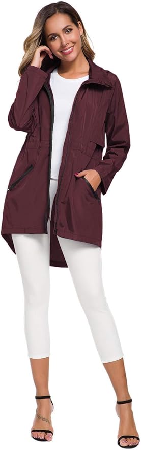 Avoogue Women's Long Raincoat with Hood Outdoor Lightweight Windbreaker Rain Jacket Waterproof