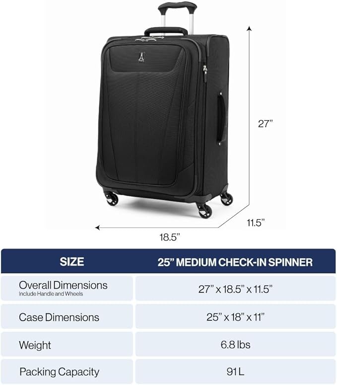 Travelpro Maxlite 5 Softside Expandable Luggage with 4 Spinner Wheels, Lightweight Suitcase, Men and Women, Ensign Blue, Checked-Medium 25-Inch