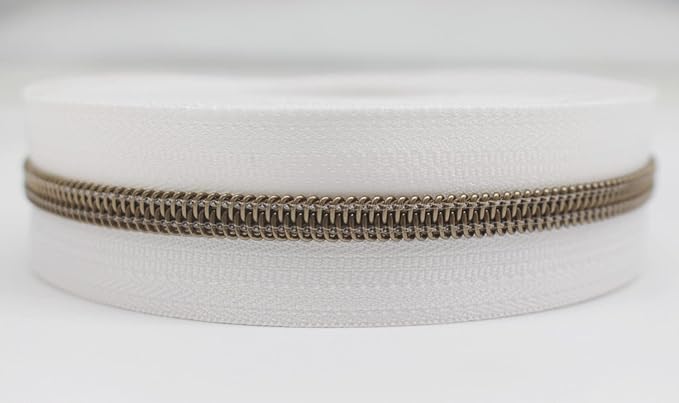 YaHoGa #5 Antique Brass Metallic Nylon Coil Zippers by The Yard Bulk White Tape 10 Yards with 20pcs Sliders for DIY Sewing Tailor Craft Bag (Anti-Brass White)