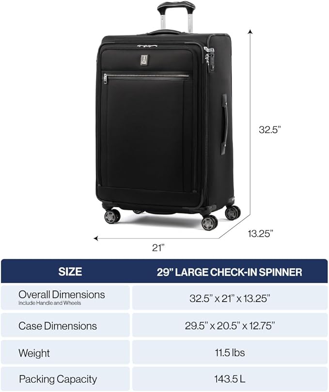 Travelpro Platinum Elite Softside Expandable Checked Luggage, 8 Wheel Spinner Large Suitcase, TSA Lock, Men and Women, Shadow Black, Checked Large 29-Inch
