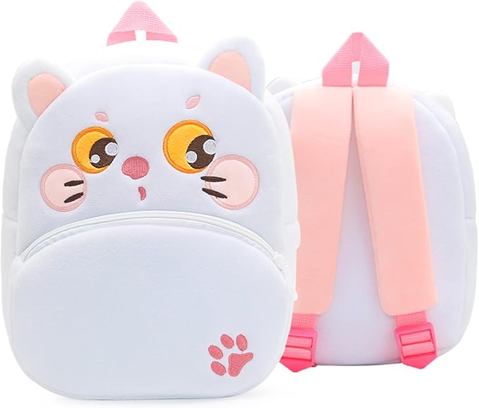 Cute Toddler Backpack,Cartoon Cute Animal Plush Backpack Toddler Mini School Bag for Kids Age 2-4 Years Old(White Cat)