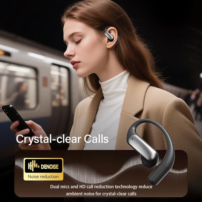 Wentronic Open Ear Headphones, Wireless Earbuds Bluetooth 5.4 with Digital Display, Secure Earhook, 48H Playtime, Enhanced Sound, Clear Calls, IP55 Waterproof Ultra-Light Sports Headphones - Grey