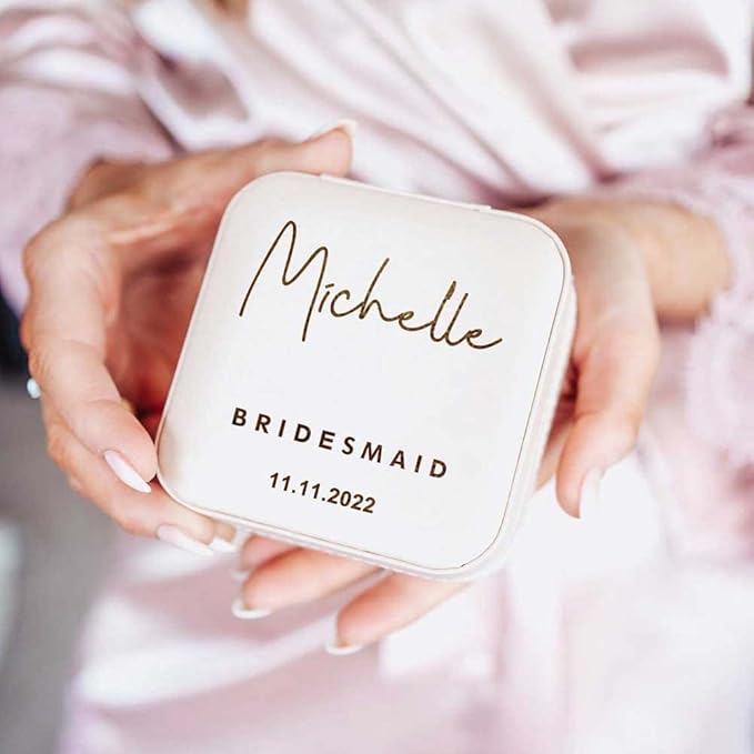 DayOfShe Bridesmaid Proposal Gifts Personalized Bridesmaid Jewelry Box Leather Small Travel Jewelry Organizer Ring Case for Wedding Maid of Honor Gifts