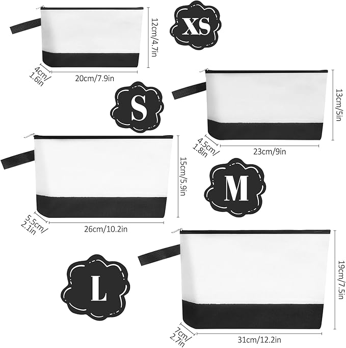 10 Pieces Cotton Canvas Makeup Bag with Bottom and Strap, Multi-Purpose Cosmetic Bag with Zipper Travel Toiletry Pouch, Blank DIY Craft Bag (White&Black, L)