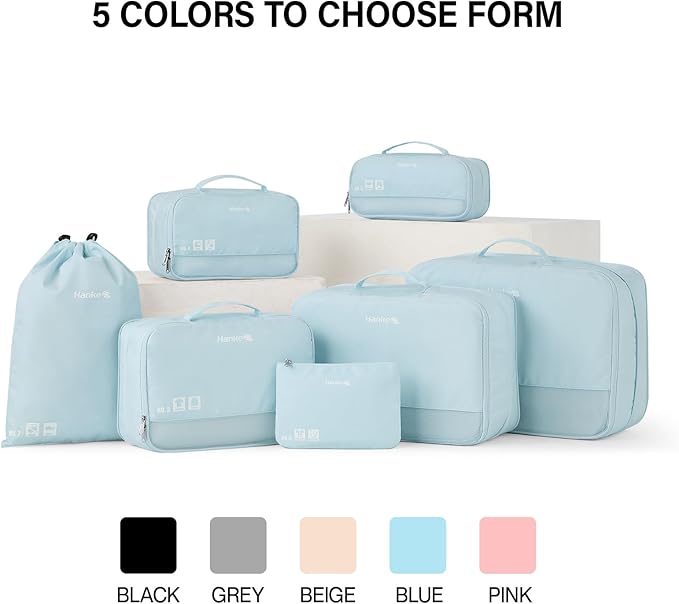 Hanke 7 Set Compression Packing Cubes for Travel, Expandable Large Packing Cubes for Suitcases and Backpack, Luggage Packing Organizer Bags with Double Zipper as Travel Essentials