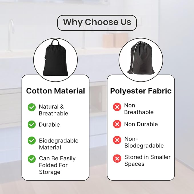LFH Home Large Premium Cotton Canvas Laundry Bag with Drawstring and Handles Heavy Duty, Multi-Use, and Washable for Home, Travel, College or Storage 24x36 (Pack of 2)-Black