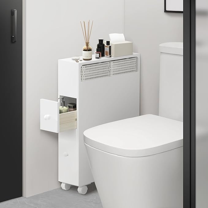 MASAKA B&W Slim Bathroom Storage Cabinet, Side Storage Organizer Toilet,Toilet Paper Storage, Movable Bathroom Storage Cabinet with 2 Drawers and Shelf, Corner Shelves