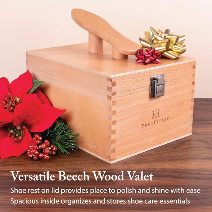 FootFitter Beech Wood Valet Box, Premium Shoe Shine Organizer with Classic Storage for Polish, Brushes, Cloths & Tools