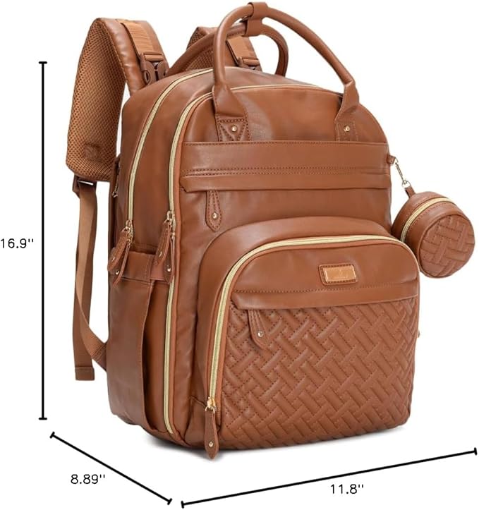 BabbleRoo Leather Diaper Bag Backpack - Baby Essentials Travel Baby Bag, Multi function, Water Resistant, with Changing Pad, Stroller Straps & Pacifier Case – Unisex, Natural Brown