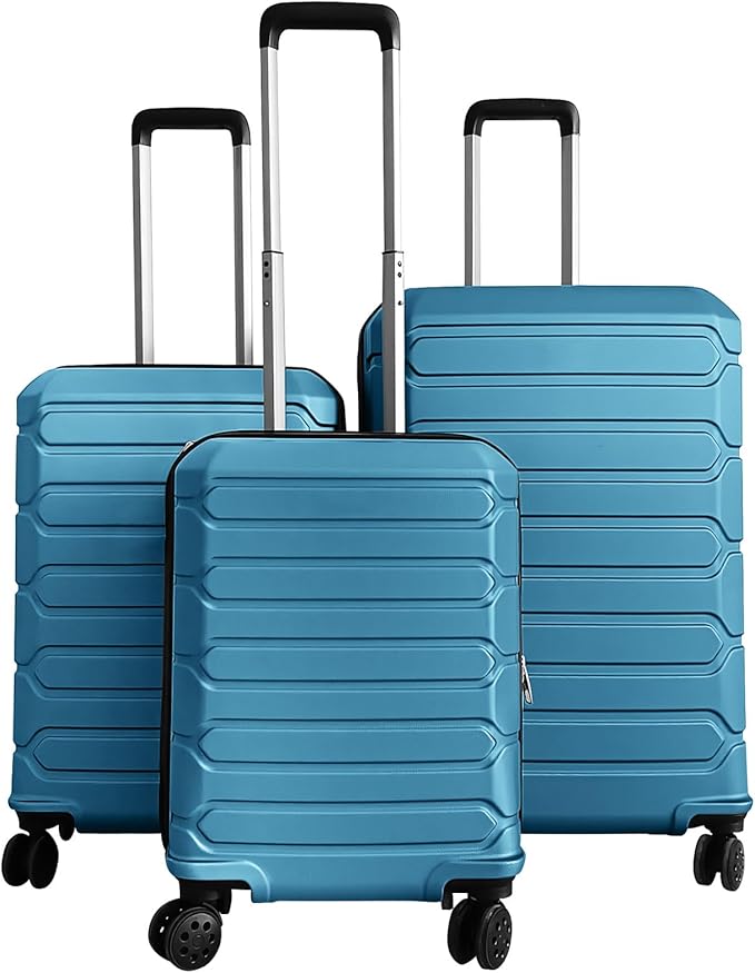 GYMAX Luggage Sets 3 Pieces Hardside Suitcase with Spinner Wheels & Lock, 20” Carry On, 24” & 28” Checked Luggage Set, Lightweight Portable for Travel, Business (Blue,Stripe)