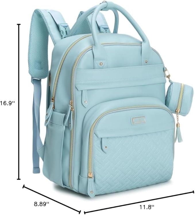 BabbleRoo Leather Diaper Bag Backpack - Baby Essentials Travel Baby Bag, Multi function, Water Resistant, with Changing Pad, Stroller Straps & Pacifier Case – Unisex, Powder Blue