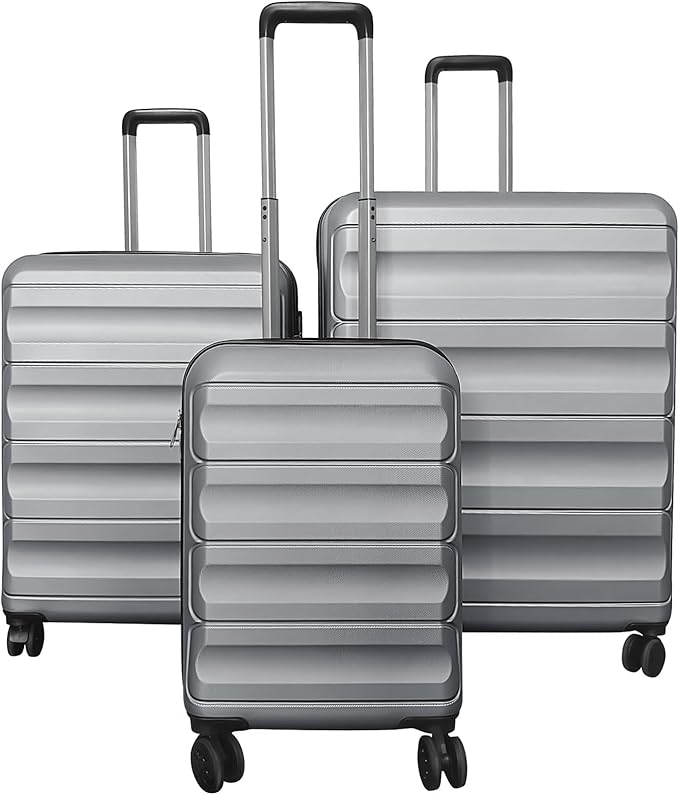 GYMAX Luggage Sets 3 Pieces Hardside Suitcase with Spinner Wheels & Lock, 20” Carry On, 24” & 28” Checked Luggage Set, Lightweight Portable for Travel, Business (Grey,Wide Stripe)