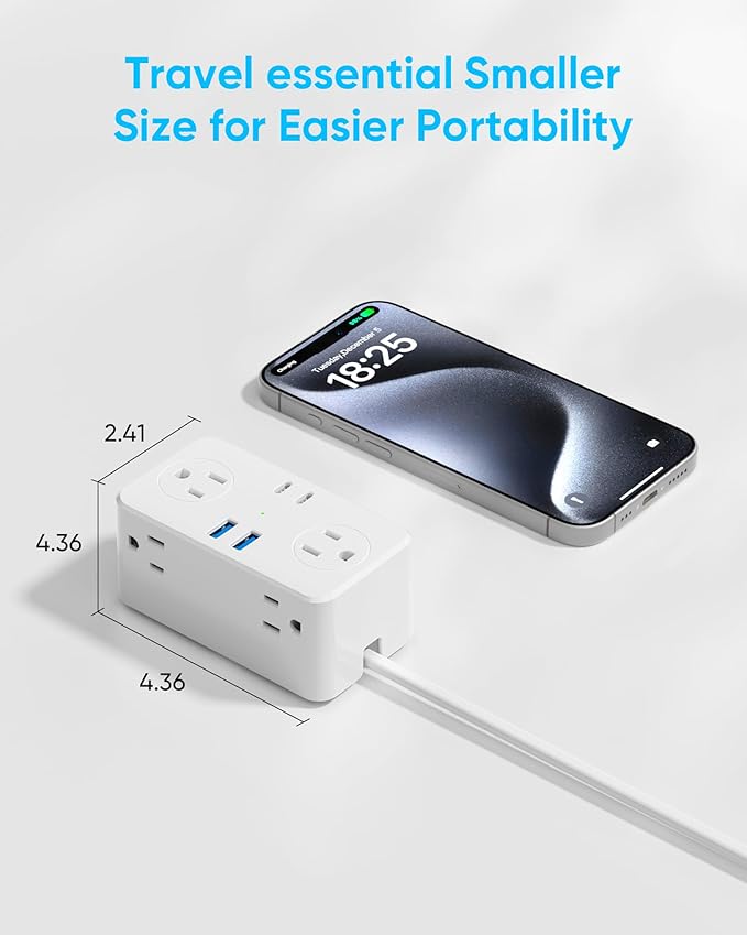 European Travel Plug Adapter, EU/UK/US Travel Adapter Power Strip, 6 AC Outlets, 65W USB C Power Delivery, 3ft Wrapped Around Extension Cord, Compact for Travel