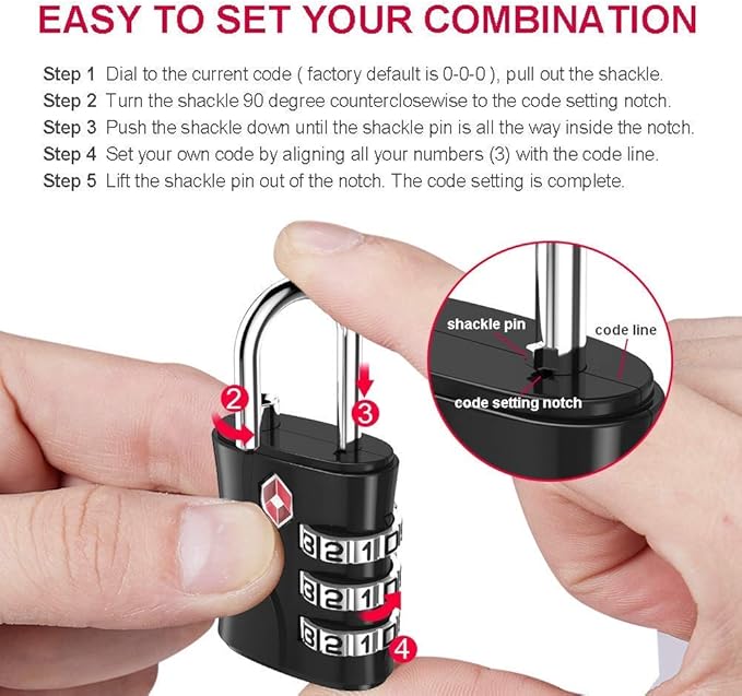 ZHEGE TSA Luggage Lock for Train 4 Pack, 1 Cable (30 Inch), Travel Lock for Backpack, Suitcase, School Gym Locker (Black, 4 Pack)
