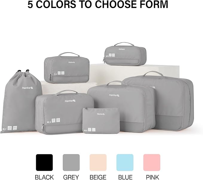 Hanke 7 Set Compression Packing Cubes for Travel, Expandable Large Packing Cubes for Suitcases and Backpack, Luggage Packing Organizer Bags with Double Zipper as Travel Essentials