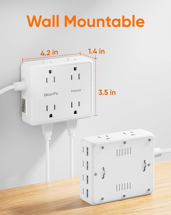Power Strip 8 AC with 8 USB Ports, 10 FT Flat Plug Extension Cord, 2000 Joules Surge Protector, 30W Charging Station, Home Office College Dorm Room Essentials