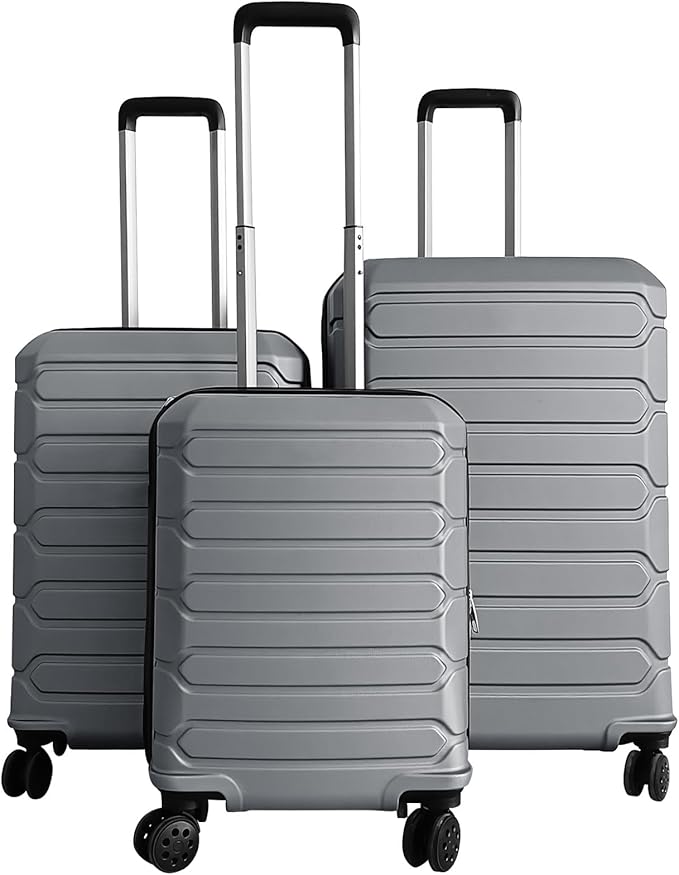 GYMAX Luggage Sets 3 Pieces Hardside Suitcase with Spinner Wheels & Lock, 20” Carry On, 24” & 28” Checked Luggage Set, Lightweight Portable for Travel, Business (Grey,Stripe)