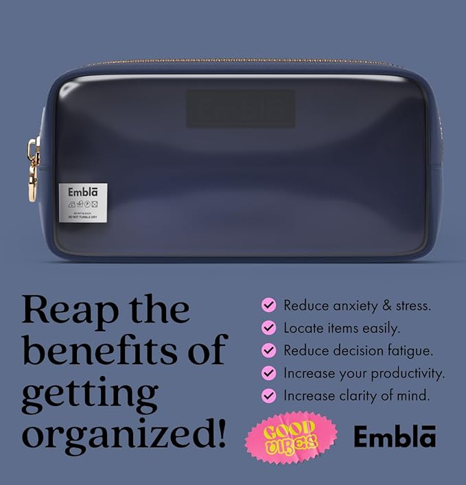 Embla London Makeup Bag Cosmetic Case, Clear Zipper Make Up Pouch and Toiletry Travel Tote, Cute Skincare Pouches for Women Girls, Preppy Purse Cosmetic Organizer, Small Makeup Bags, Sapphire
