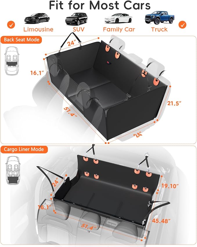 2 in 1 Dog Car Seat Cover for Back Seat & SUV Cargo Liner for Dogs, Waterproof PU Leather Back Seat Extender Hold 500lbs, Hard Bottom Dog Hammock for Car SUV Truck, Anti-Scratch & Wipe Clean Trunk Mat