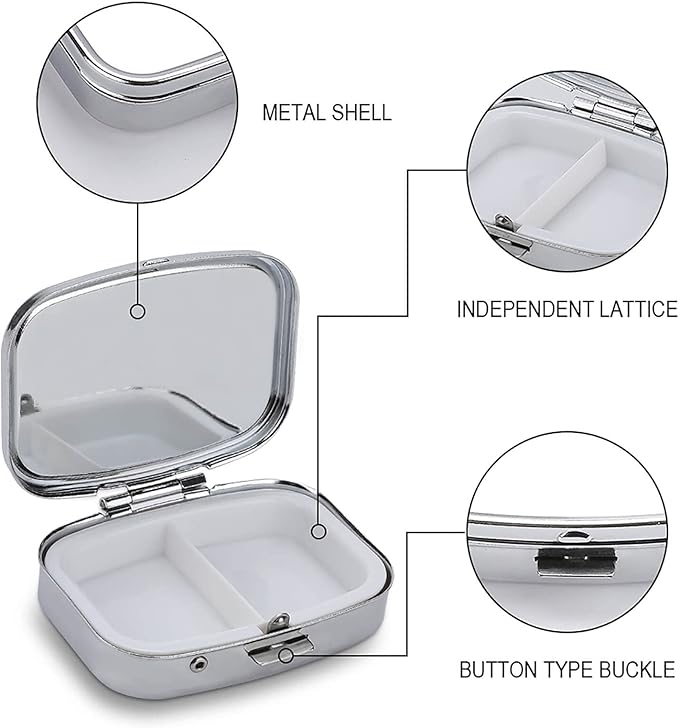 Metal 2 Compartment Pill Organizer Travel Friendly Portable Compact Pill Box Cute Pill Case to Hold Vitamins,Fish Oil,Supplements,Meds,Tablet for Purse,Pocket. (No)