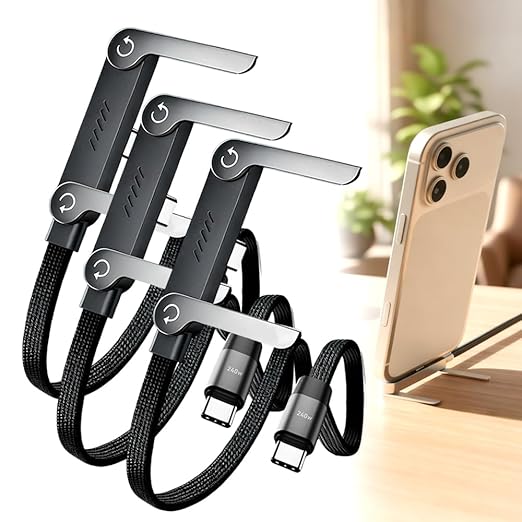 Fliwos 240W Braided Fast Charge Cable with Built-in Phone Stand, Type-C Charging Cable with Adjustable Phone Holder, Multi-Functional Charger Cord for Laptop, Smartphone and Tablet (Black 3Pcs)
