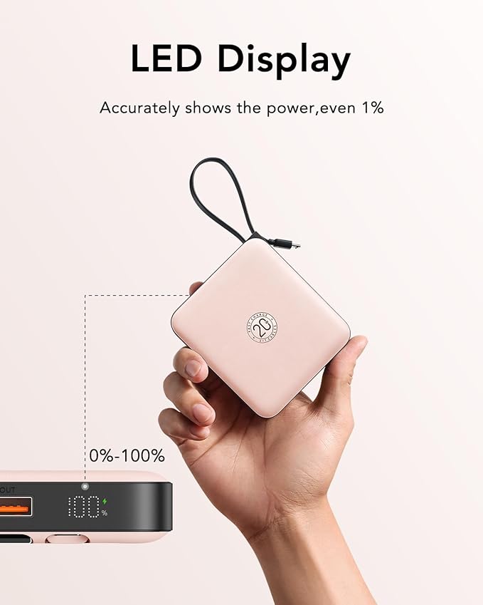 VRURC Mini Portable Charger, 22.5W USB C Fast Charging 10000mAh Pocket Power Bank with Built-in Cable, Battery Pack for iPhone 16 15 14 13 Samsung Galaxy S23 S22 Google Android, Pink(1 Pack)