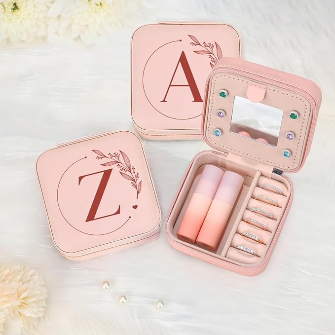 SANDJEST Personalized Jewelry Box, Pink Small Travel Jewelry Box with Initial Z, Monogrammed Jewelry Case Organizer for Girls Women Teen, Mini Travel Essentials Gifts for Christmas Birthday