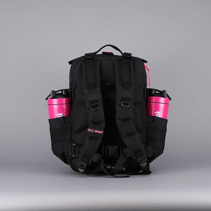WOLFpak 35L Athletic Gym Backpack - Durable 1000D Waterproof Oxford Material with MOLLE Webbing, Laptop Pocket & Dual Cup Holders, Durable Fitness/Travel/Military Daypack (Black Neon Pink)