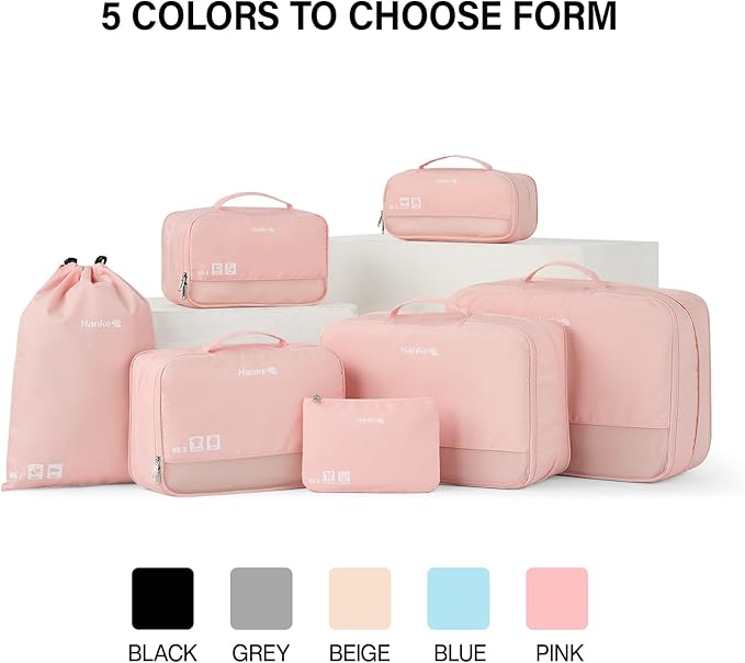 Hanke 7 Set Compression Packing Cubes for Travel, Expandable Large Packing Cubes for Suitcases and Backpack, Luggage Packing Organizer Bags with Double Zipper as Travel Essentials
