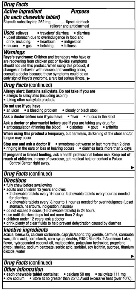 Pepto Bismol Chews, Fast and Effective Digestive Relief from Nausea, Heartburn, Indigestion, Upset Stomach, Diarrhea, Berry Mint Flavor, 72 Total (3 Packs of 24)