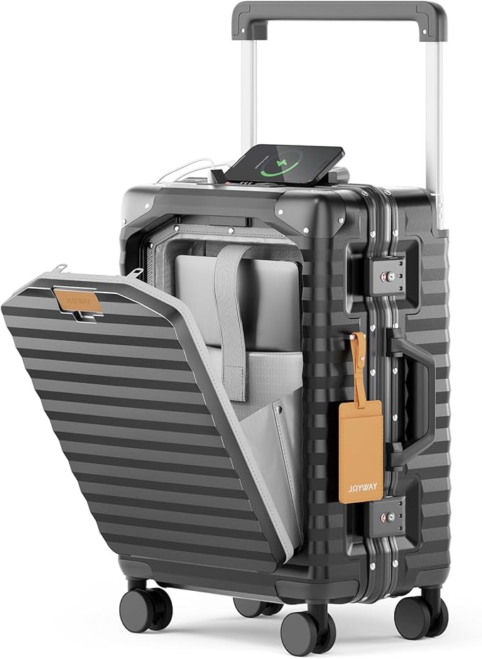 Joyway 20 Inch Carry on Luggage with Aluminium Frame and Front Pocket, PC Hardshell Suitcase with USB Port and Cup Holder, 21.5x14.2x9 Airline Approved, Luggage with Spinner Wheels and TSA Lock (Grey)