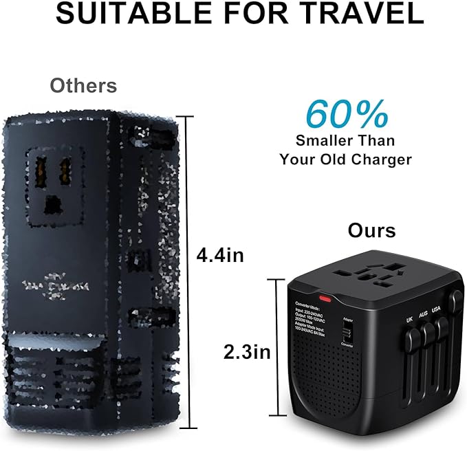 International Travel Adapter Voltage Converter Steps Down 220V to 110V for Cell Phones, Laptops, and Curling Irons, US to UK, Europe, Australia, and More Than 200 Countries(Black)