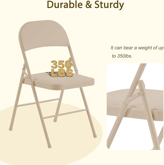 6 Pack Khaki Folding Chairs with Comfortable Cushion and Back, 330LBS Capacity, Portable & Foldable Indoor Outdoor Chairs with Durable Metal Frame for Office Party Events Kitchen Dinning Wedding