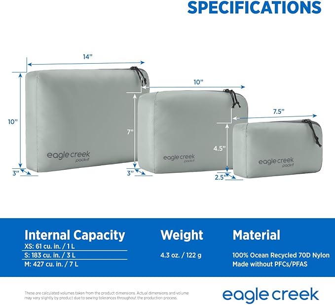 Eagle Creek Pack-It Isolate Cube Set - Packing Cubes for Stackable Storage - Convenient Top Handle - Easy Grab Zipper Pull - Storm Grey - XS/S/M - 3
