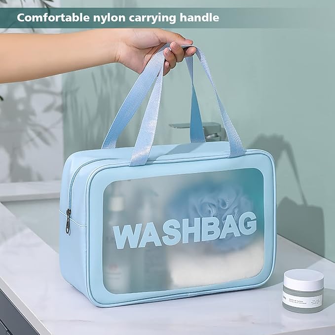 Travel Toiletry Bag for Women and Men, Matte Translucent Toiletry Bag with Handy Handle, Makeup Cosmetic Organizer Bag for Travel Toiletries Accessories (Blue)