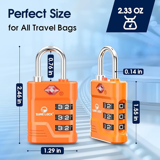 SURE LOCK TSA Locks for Luggage, TSA Approved Luggage Locks with Open Alert, 008 Key for High Security, Easy Read Dials, Zinc Alloy Body, Locker Lock for Suitcase, Gym, Travel. (Orange 2 pk)