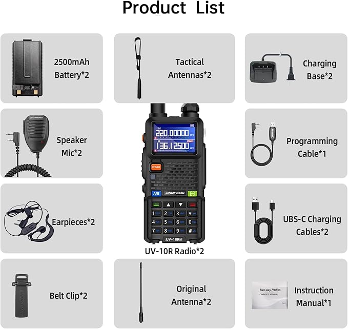 BAOFENG UV-10R MAX Ham Radio Handheld 10W Long Range Tactical NOAA Weather Rechargeable Radios Walkie Talkies with 2500mAh Battery,Type-C Charging for Adults,Survival Gear,Men Birthday Gifts,2 Pack