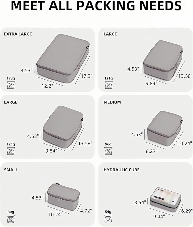 Compression Packing Cubes for Travel, 6-Piece Set (L/M/S), Double-Zip Luggage Organizers with Mesh Panels, Space-Saving Clothes Storage Bags for Suitcase & Carry-On (6 Pack, Misty Silver)