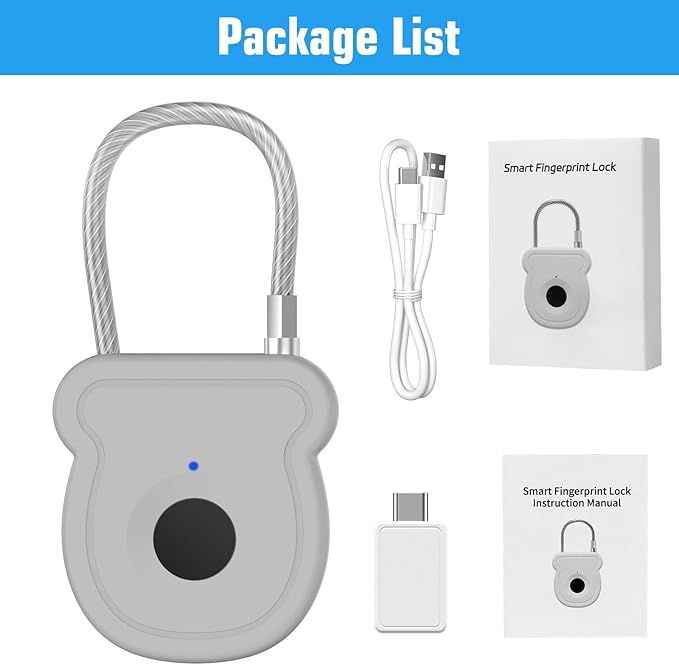 Smart Fingerprint Padlock for Luggage - 20 User Capacity, USB Key & Emergency Code, Keyless Biometric Lock for Gym Locker, Suitcase, Backpack, Toolbox & Handbag (Grey)