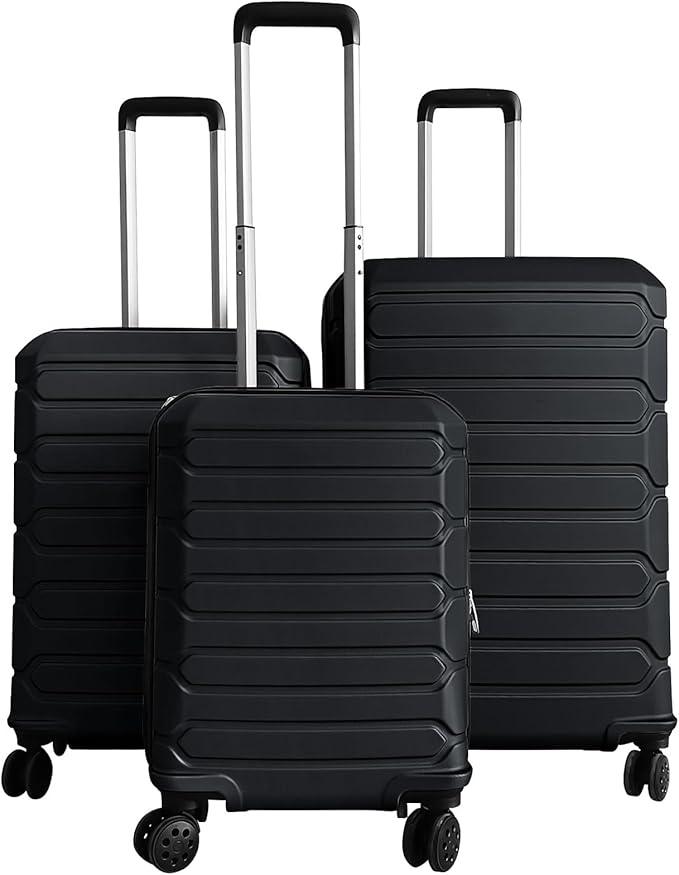 GYMAX Luggage Sets 3 Pieces Hardside Suitcase with Spinner Wheels & Lock, 20” Carry On, 24” & 28” Checked Luggage Set, Lightweight Portable for Travel, Business (Black,Stripe)