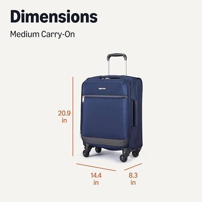 Amazon Basics Luggage, 18"Medium Carry-On Softside Suitcase With Wheels With Four 360-Degree Multi-directional Spinner Wheels Expandable Space Zippered Pocket and Straps Telescopic Handle Navy Blue