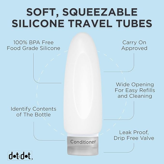 Dot&Dot Leak Proof TSA Approved Travel Bottles for Toiletries - 3oz Shampoo and Conditioner Travel Size Containers - Silicone With Labels