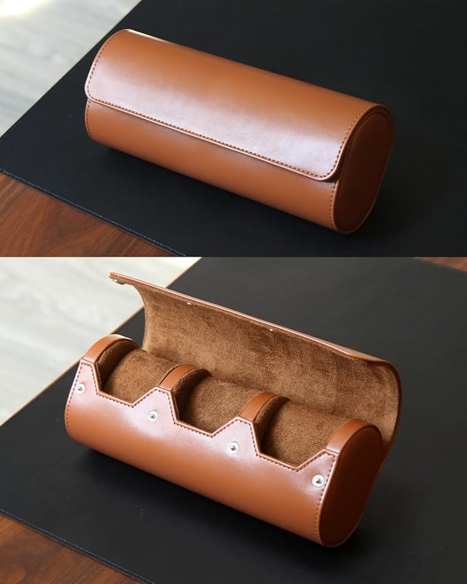 watch box organizer for mens watch case travel roll Portable 3 Watch Display Storage with Velvet Sections to Holder Large Watch (Light Brown)