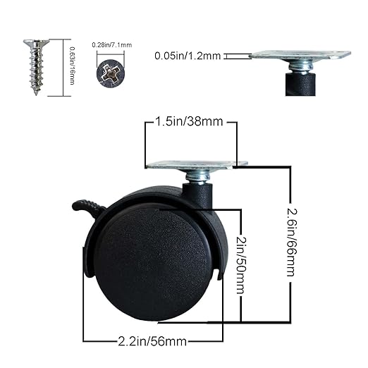 2 Inch Furniture Caster Wheels 4pcs Swivel Plastic Rollers with Locks Stainless Screws Small Universal Plate Wheel Casters Replacement for Cabinet Drawer Table Desk Cart in Office Kitchen