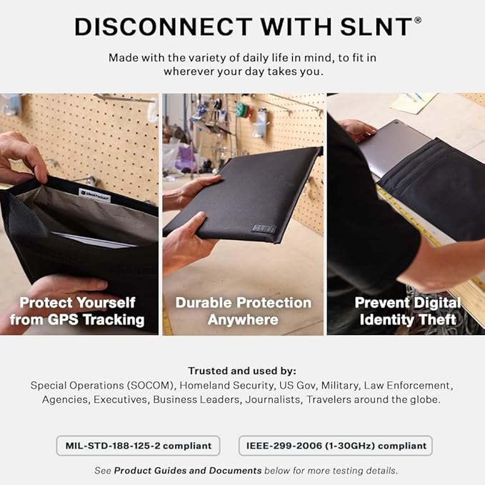 Silent Pocket SLNT Utility Laptop Faraday Bag w Signal Blocking Device Sleeve, Weatherproof Woven Nylon, Prevents Remote Wiping, Tracking, Tampering, Secure Information, Instant Protection, 15 inch
