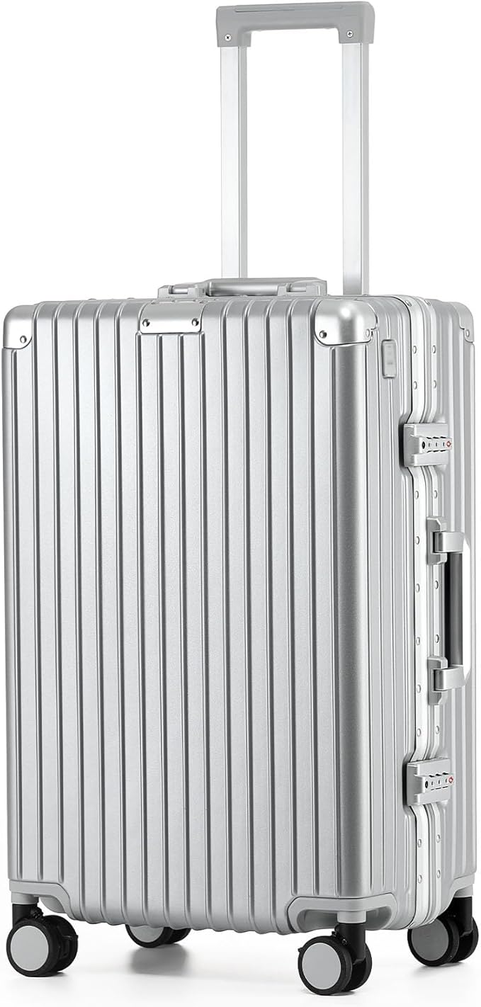 24 Inch Aluminum Frame Checked Travel Luggage with Spinner Wheels,Zipperless Hard Shell Suitcases with TSA Approved USB Port,Cup & Phone Holder for Women Men,Silver
