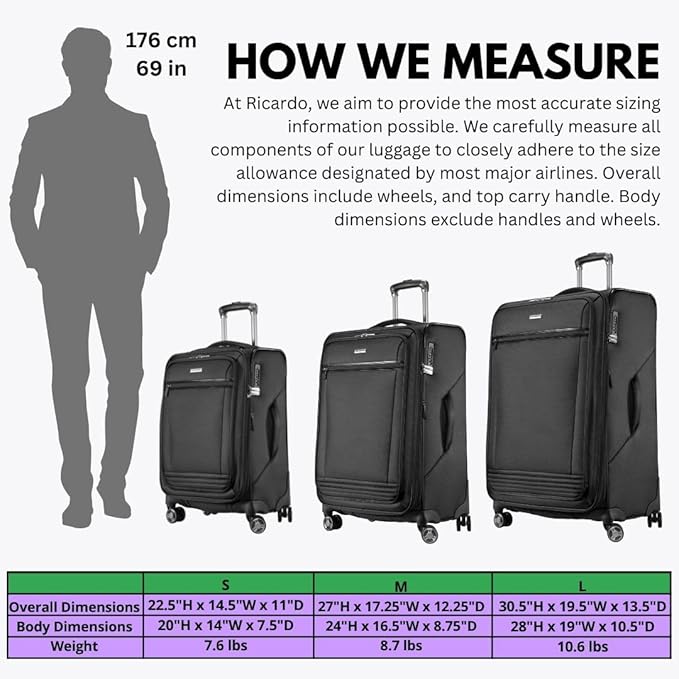 Ricardo Beverly Hills Avalon Softside Medium Check-In Luggage Made with Sustainable 100% Recycled PET (rPET), Lightweight, Eco-Friendly Travel, Expandable, Dual Spinner Wheels, Black, 24-inch