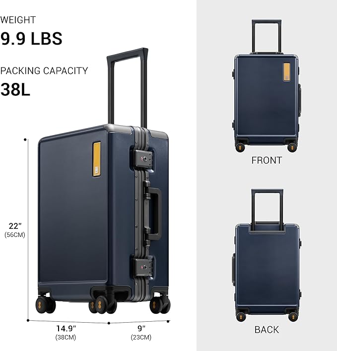 LEVEL8 Carry On Luggage Airline Approved Zipperless with Aluminum Frame, Hard Case Luggage with Spinner Wheels, Metal Travel Suitcase with Packing Organizers, 20 Inch, Blue