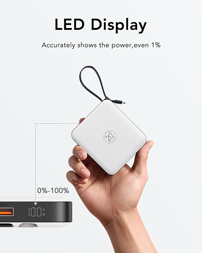 VRURC Portable Charger with Built-in 4 Cables, 10000mAh Battery Pack PD 20W for iPhone, 22.5W USB C Travel Power Bank for iPhone 16 15 14 13 Samsung Galaxy S23 S22 Google Android Phones, Whtie